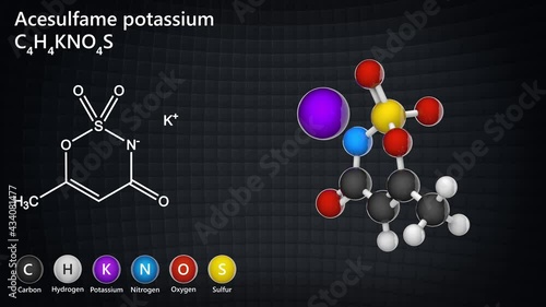 Acesulfame potassium (Acesulfame K), formula: C4H4KNO4S, artificial sweetener, E950 food additive. 3D render. Seamless loop. Chemical structure model: Ball and Stick.