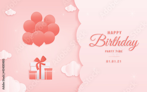 Decorated birthday card beautiful balloon on could paper style, paper cut, and papercraft. Online shop banners discount pink color Birthday Theme. Vector illustration.
