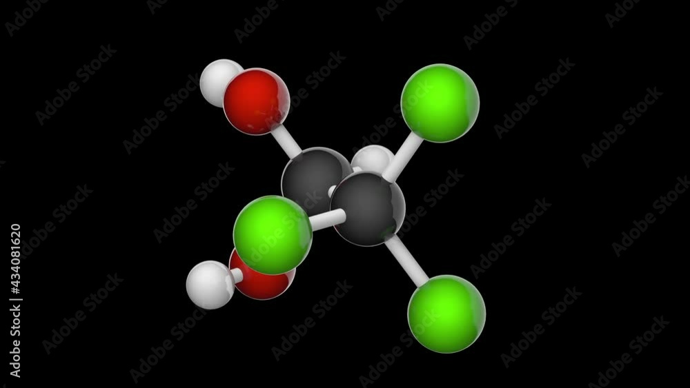 Chloral hydrate sedative and hypnotic drug molecule. C2H3Cl3O2. 3D render. Seamless loop. Chemical structure model: Ball and Stick. RGB + Alpha (Transparent) channel Chloral hydrate sedative and hypnotic drug molecule. C2H3Cl3O2. 3D render. Seamless loop. Chemical structure model: Ball and Stick. RGB + Alpha (Transparent) channel