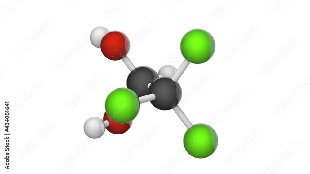 Chloral hydrate sedative and hypnotic drug molecule. C2H3Cl3O2. 3D render. Seamless loop. Chemical structure model: Ball and Stick. White background Chloral hydrate sedative and hypnotic drug molecule. C2H3Cl3O2. 3D render. Seamless loop. Chemical structure model: Ball and Stick. White background