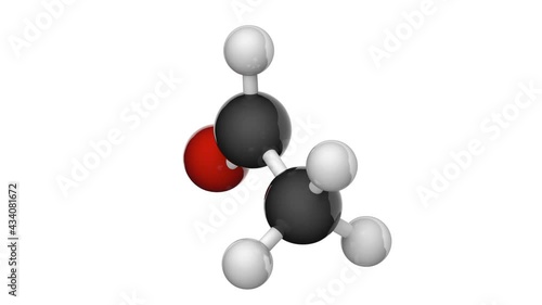 Acetaldehyde (Ethanal), formula CH3CHO or C2H4O. Other names: Acetic aldehyde, Ethyl aldehyde, Acetylaldehyde. 3D render. Seamless loop. Chemical structure model: Ball and Stick. White background