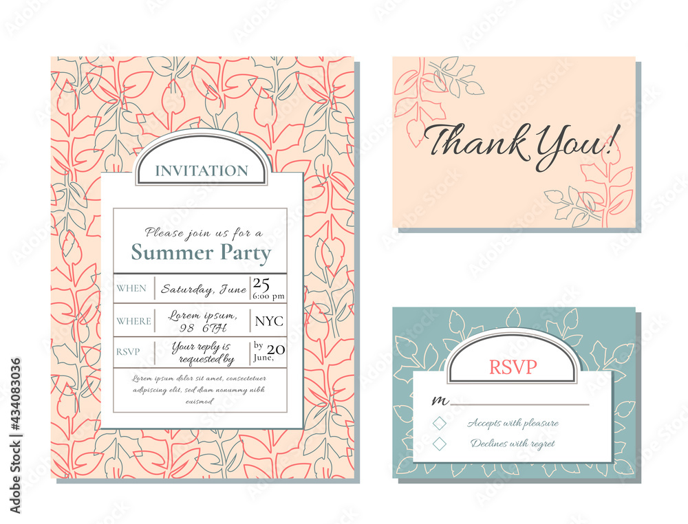 Vintage invitation template set. Old classic style. Design for wedding, greeting card, advertisement, label, poster or banner. Thank you card. RSVP