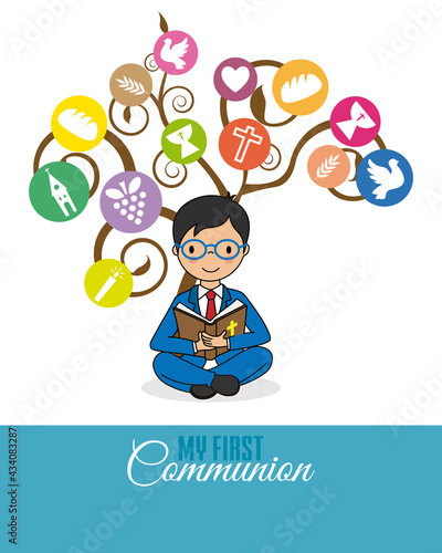 My first communion card. Boy reading the bible with a tree with religion icons behind