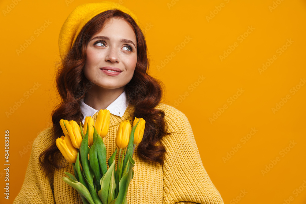 Happy young woman with long red hair in sweater Happy young woman with long red hair in sweater