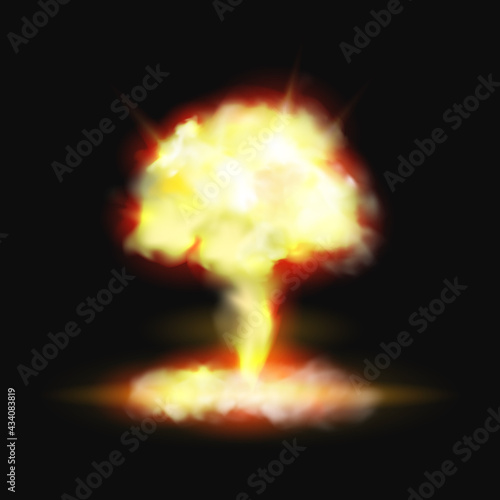 Mushroom fire explosion bomb or pyro burst realistic 3D effect on black background. Vector fame and smoke, nuclear energy combustion, blazing orange flare. Hellfire, fireball, explosive burn
