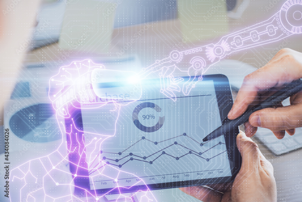 Double exposure of man's hands holding and using a digital device and AR glasses drawing. Virtual reality concept. Double exposure of man's hands holding and using a digital device and AR glasses drawing. Virtual reality concept.