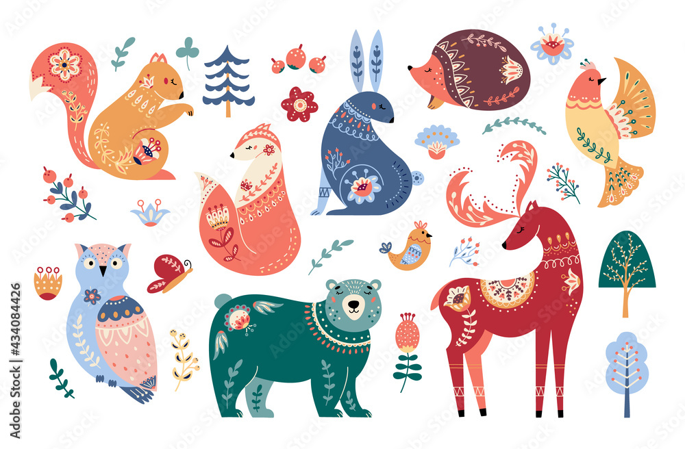 Fototapeta Scandinavian animals set Folk forest vector illustration