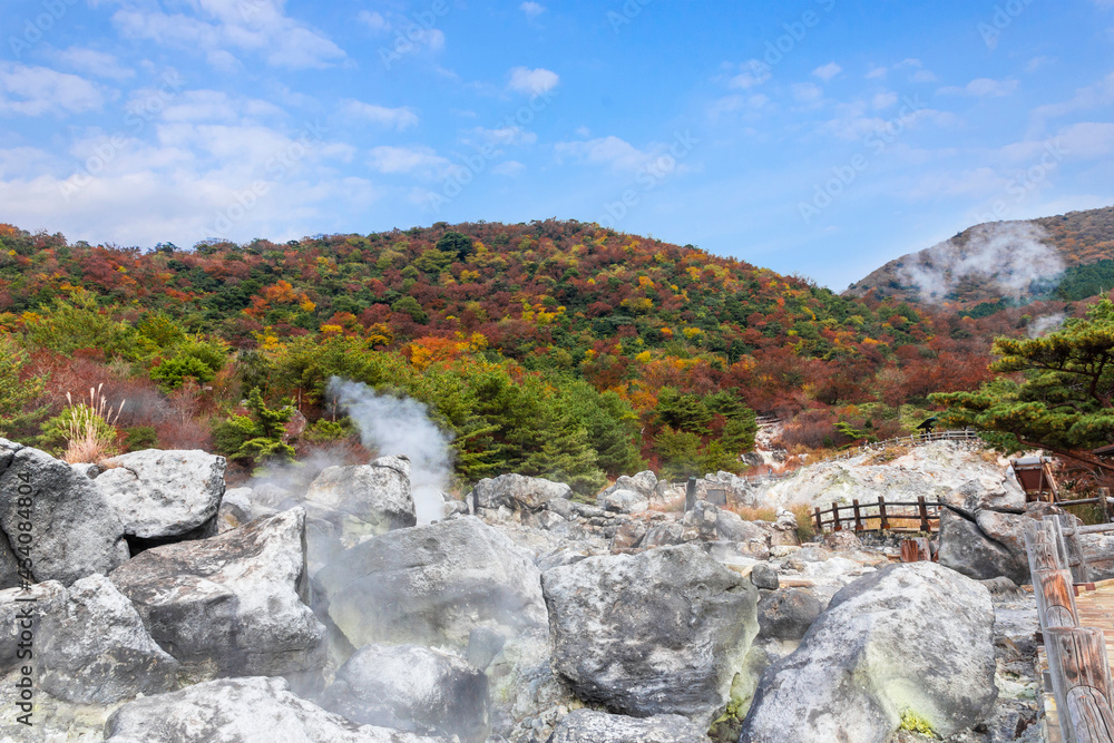 Naklejka premium Unzen Hell is a famous tourist destination within Unzen Hot Springs, chosen as the number one hot springs in Kyushu island.