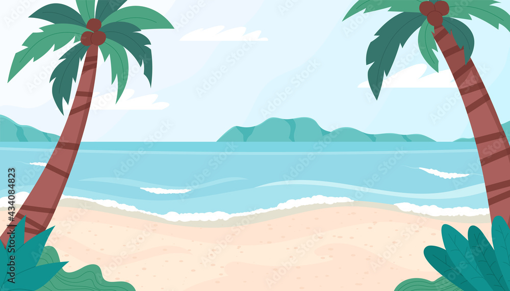 Summer beach landscape. Palm tree, mountains, sea and clouds. Vector illustration.