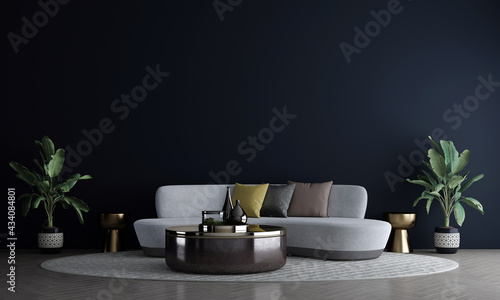Modern mock up interior decoration and living room design and dark blue wall texture background and grey sofa with gold side table, 3d rendering
