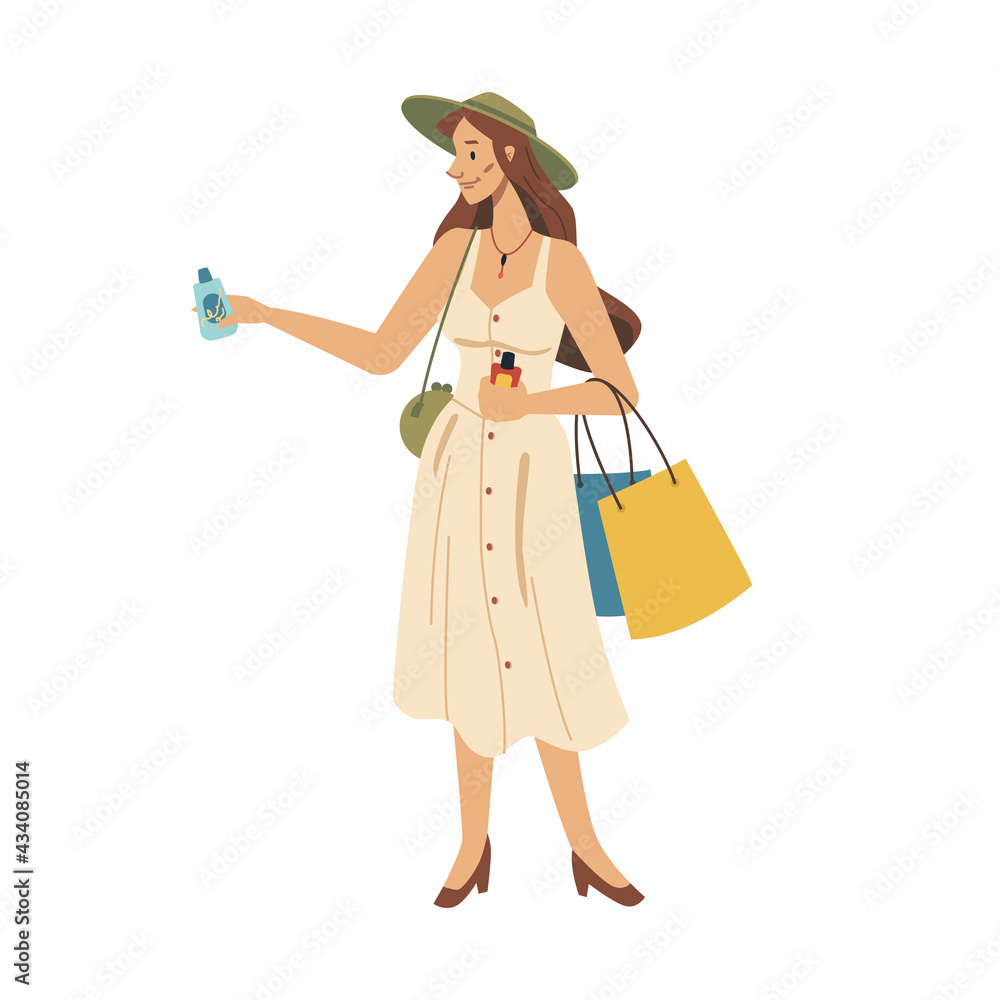 Fashion woman choosing cosmetics, cream in hands flat cartoon character  isolated. Vector female chooses beauty products. Customer or buyer, lady in  hat on shopping, beauty bottles, bag sacks Stock Vector | Adobe