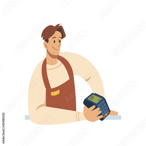 Nfc payment, contactless pay by smartphone, seller with pos reader flat cartoon vector illustration isolated. Mobile purchases in supermarket store, cashier vender at shop, point on sale terminal
