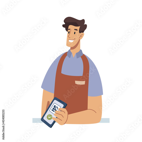 Contactless-pay seller with mobile phone application, nfc payment with qr code flat cartoon vector illustration isolated. Mobile purchases in supermarket store, cashier vender at shop with smartphone