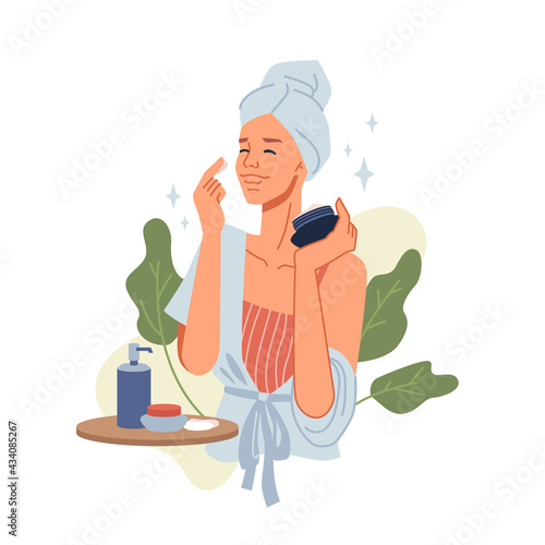 Woman take care of face skin with cream, natural organic cosmetics, skincare flat cartoon vector illustration. Girl making facial massages, moisturizing and hygiene using organic herbal products