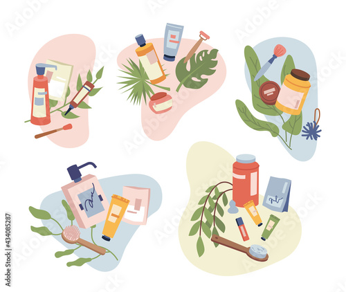 Set of beauty organic natural cosmetics, hair, body, face care products , massage brush and treatment accessories. Vector flat cartoon bottles packaging, shampoos and lotions, foundation creams