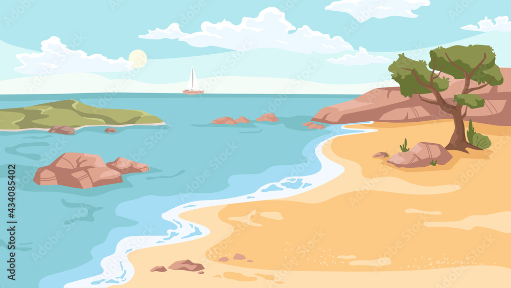 Seashore landscape background in flat cartoon. Vector sea beach with exotic green trees, rocky cliffs, ship yacht on horizon. Paradise island vacation at ocean. Nature scenery, sandy coast and rocks - obrazy, fototapety, plakaty 