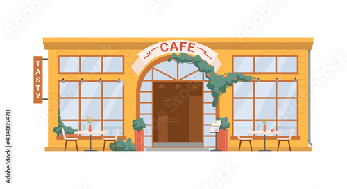 Street cafe, coffee shop isolated flat cartoon building facade exterior. Vector summer restaurant with tables chairs outdoors, tasty food snacks. Small european french cafeteria, town architecture