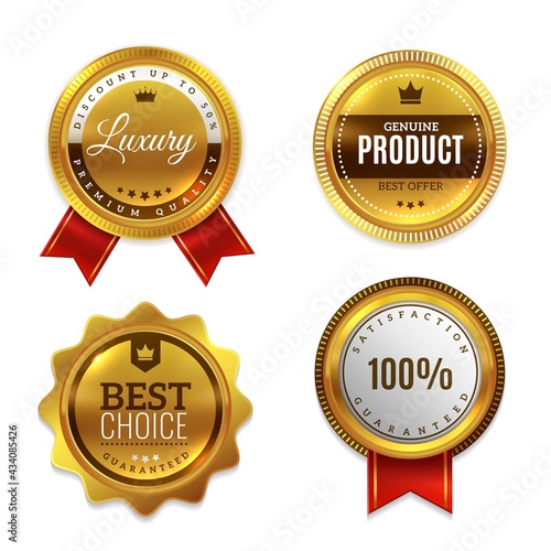 Badges gold seal quality labels. Sale and discount golden medals with red ribbon, luxury genuine and highest quality product badge, premium decoration stamp, round guarantee emblem, vector set