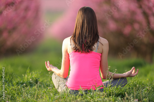 Back view of yogi practicing yoga in a pink field