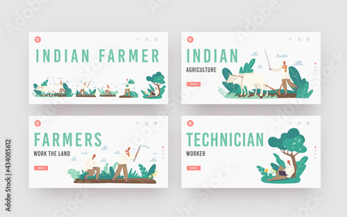 Indian Farmer Landing Page Template Set. Rural Men Characters in Traditional Clothes Plowing Field by Cow, Planting