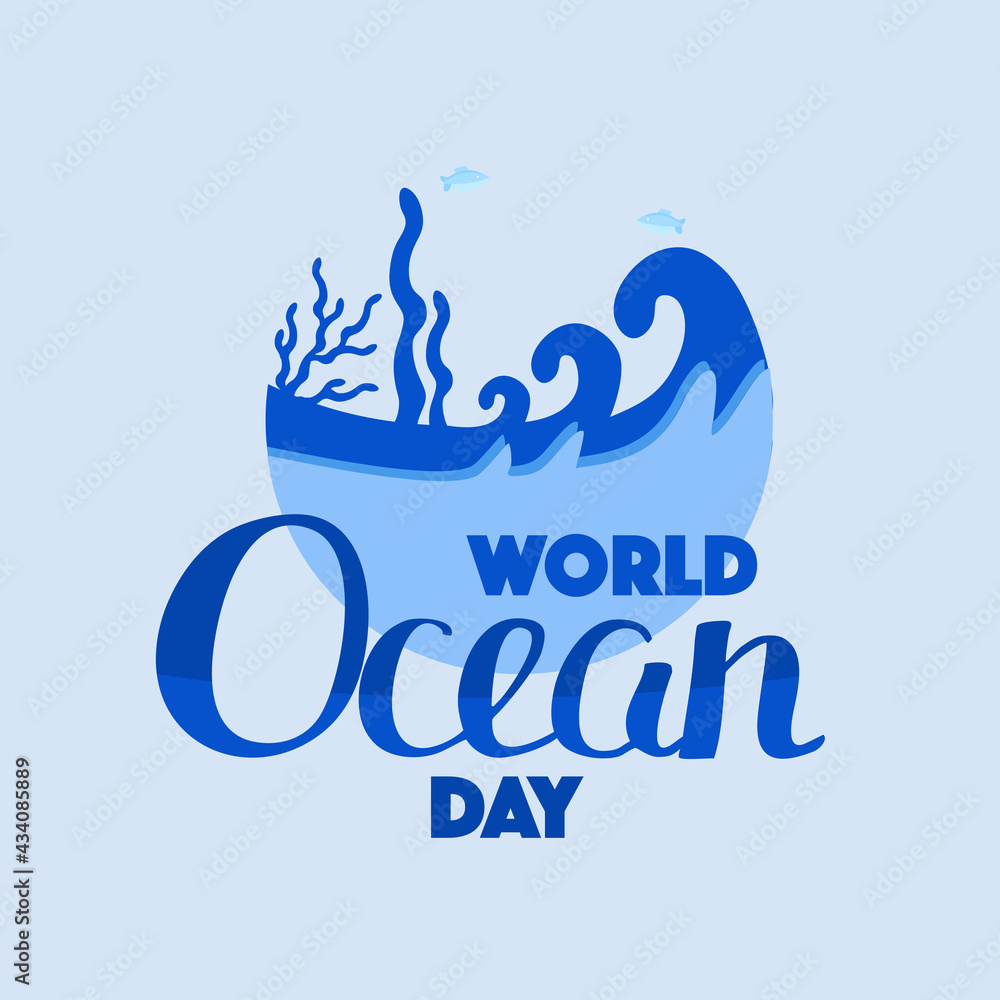 World Oceans Day. Banner holiday vector. Underwater world, fish, algae, octopus, corals.