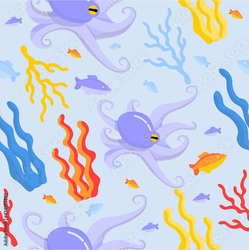 World Oceans Day. The vector pattern. Underwater world  fish  algae  octopus  corals.