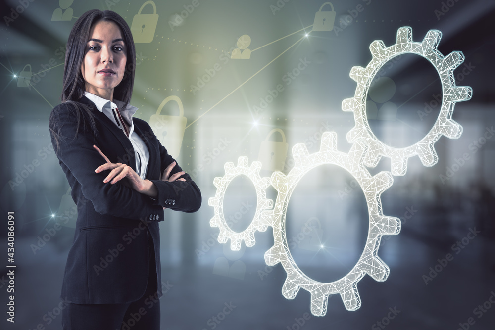 Profitable business concept with confident businesswoman on digital screen background with well-functioning gear signs. Profitable business concept with confident businesswoman on digital screen background with well-functioning gear signs.