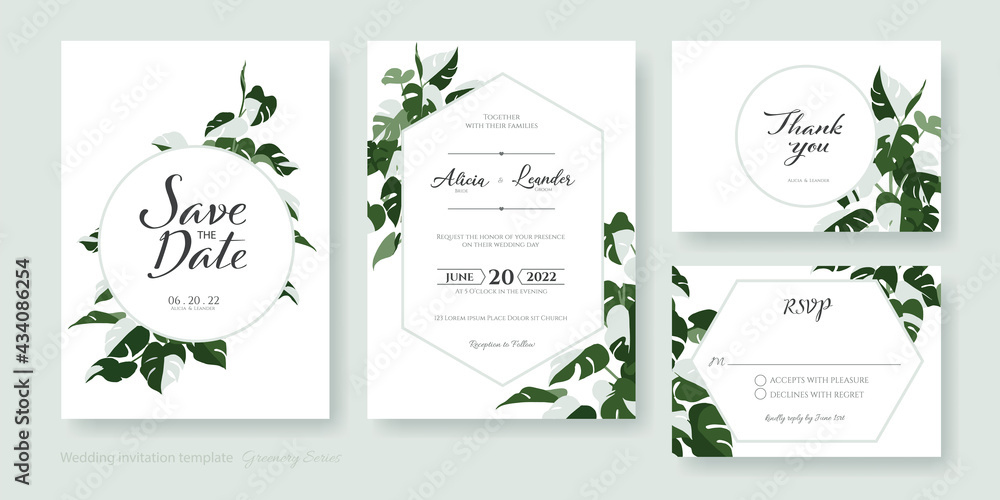 Set of greenery wedding Invitation card, save the date, thank you, rsvp template. Monstera Albo.
