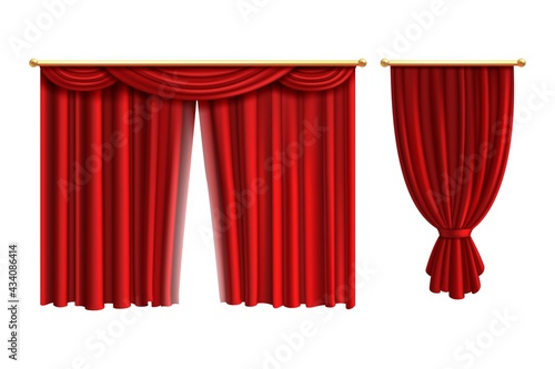 Realistic red curtains. Luxury curtain cornice open and closed, interior drapery textile. Theatre or circus portiere, silk or velvet stage, scene decoration, vector isolated set