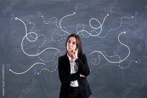 Find a solution concept with pensive businesswoman on blackboard background with curved lines and question marks.