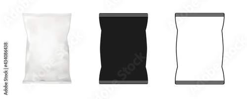 Set transparent and silver metallic colored pillow packages for food production. Food snack pillow bag icon. Outline illustration of food snack pillow bag.