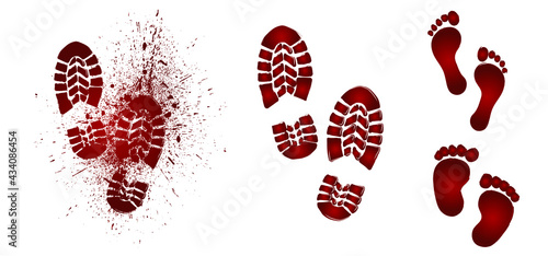 Bloody foot print. Dead, blood, horror and dirty red footstep for halloween party Flat vector pictogram. Scary elements with stain, splatter and streams. Bleeding baby feet. photo