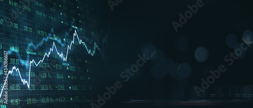 Cuadro en lienzo Investing concept with financial chart growing diagram and stock market quotes on blank dark backdrop