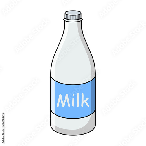 Milk bottle with blue label. Isolated vector icon illustration on white background. Flat line cartoon style.