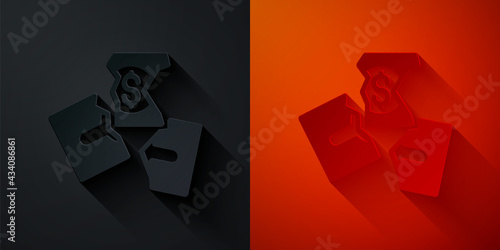 Paper cut Tearing apart money banknote into three peaces icon isolated on black and red background. Paper art style. Vector