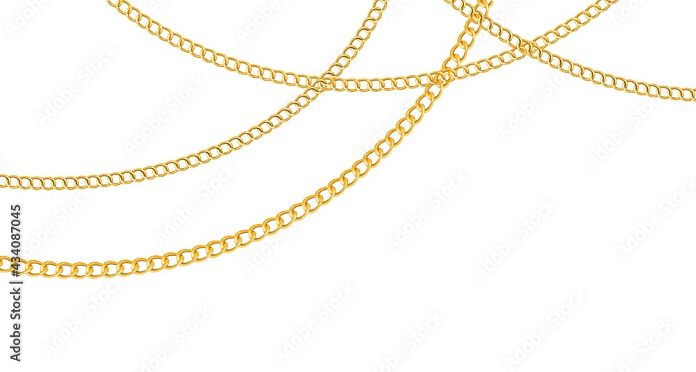 Chain golden. Luxury chains different shapes seamless background, realistic gold links jewelry backdrop, metal yellow element repeating pattern. Horizontal banner vector isolated illustration Chain golden. Luxury chains different shapes seamless background, realistic gold links jewelry backdrop, metal yellow element repeating pattern. Horizontal banner vector isolated illustration