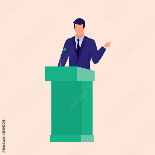 Man In Suit Public Speaker Standing Behind A Podium. Political Conference Concept. Vector Flat Cartoon Illustration. Male Politician Giving A Speech.