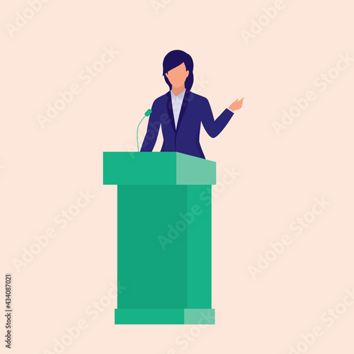 Woman In Suit Public Speaker Standing Behind A Podium. Political Conference Concept. Vector Flat Cartoon Illustration. Female Politician Giving A Speech.