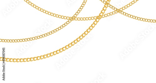 Chain golden. Luxury chains different shapes seamless background, realistic gold links jewelry backdrop, metal yellow element repeating pattern. Horizontal banner vector isolated illustration