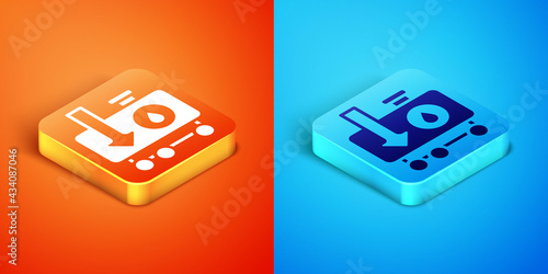 Isometric Drop in crude oil price icon isolated on orange and blue background. Oil industry crisis concept. Vector
