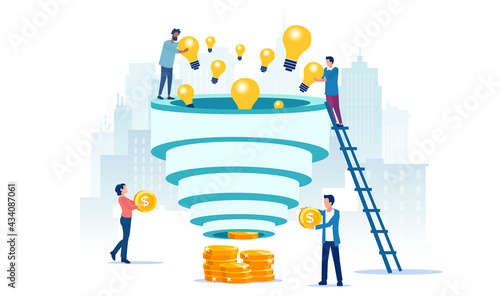 Vector of a team of creative people converting ideas into money