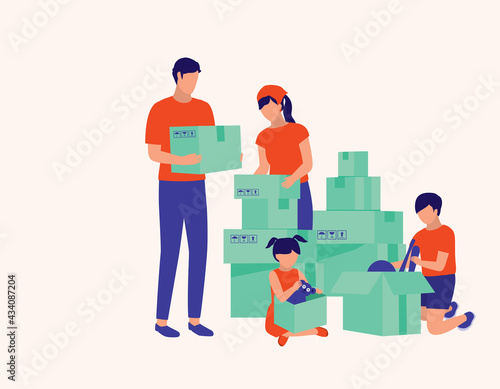 Family Moving House. Relocation Concept. Vector Flat Cartoon Illustration. Parent And Children Packing Boxes Together.