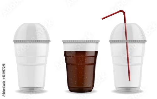 Cup with sphere dome cap. Realistic plastic mug with straw. 3D empty or full of carbonated drink transparent glasses. Disposable tableware for cold beverages. Vector takeaway utensil
