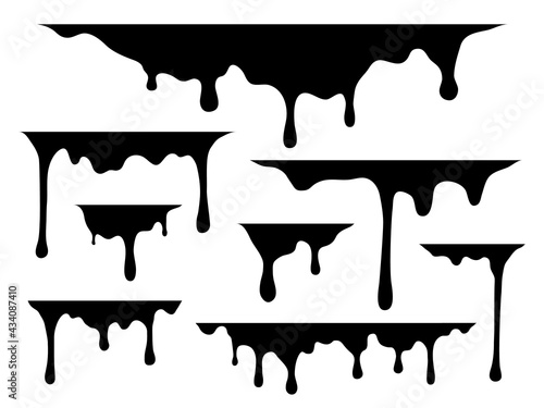 Dripping liquid. Drips black paint silhouette, current drops and stains, graffiti fluid trickles, drip melt flows oil water or syrup. Decor elements collection. Vector isolated set