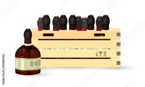 Cartoon alcoholic beverage, wooden box for export, home manufacturing. Vector strong drink, liquor, store delivery, transportation alcohol concept isolated on white background
