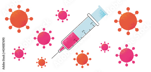 A syringe with Corona vaccine destroys the virus Sars-cov-2. Destruction of the Coronavirus. Victory for the vaccination. Vector illustration.