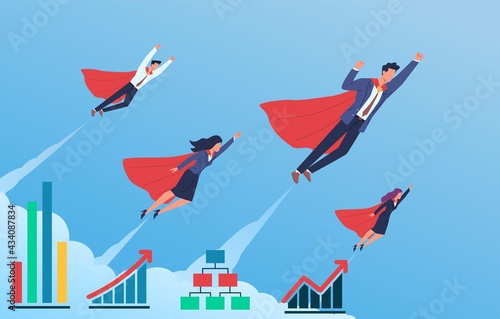 Business superheroes progress. Flying in blue sky men and women in flowing capes and suits, growth graphs on background, Successful teamwork. Vector cartoon concept