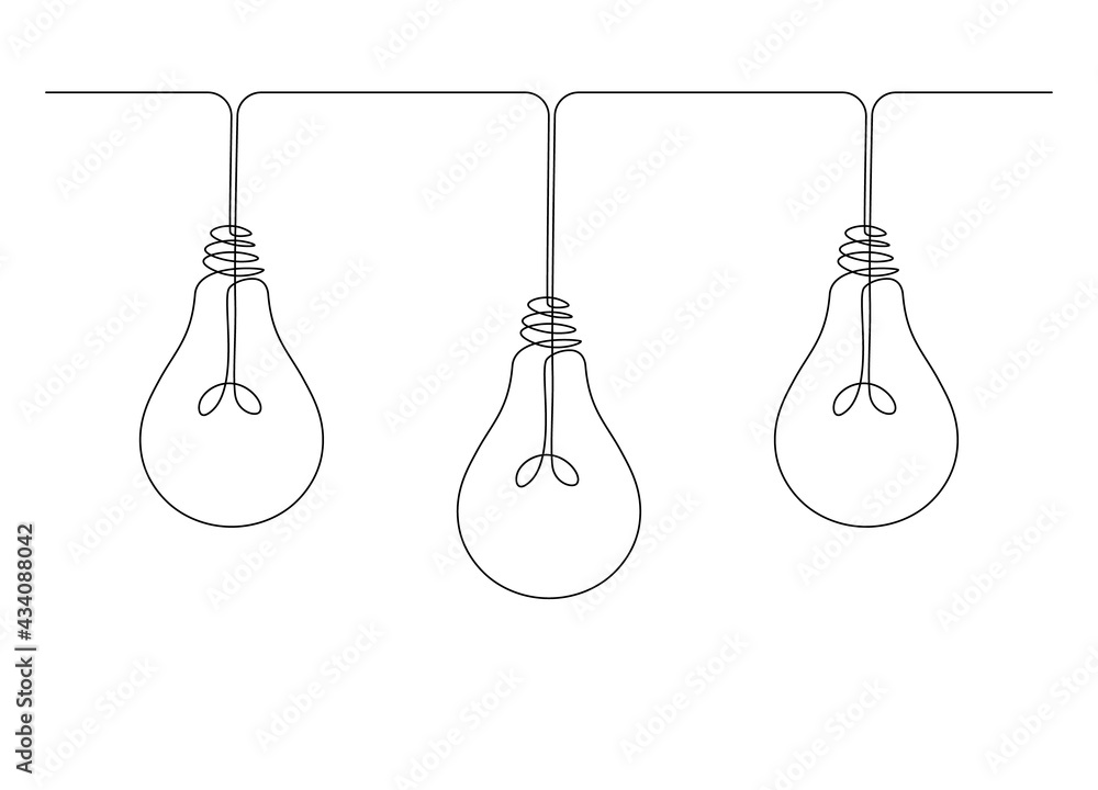 One line drawing of light bulb. Continuous line light bulbs, bright idea concept for logo, print. Graphic design vector illustration One line drawing of light bulb. Continuous line light bulbs, bright idea concept for logo, print. Graphic design vector illustration
