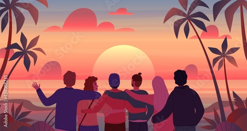 Friends at sunset. Cartoon men and women looking at sun. Tourists enjoy of scenic cloudscape at tropical beach. People stand in row and hug. Persons admire seascape. Vector friendship