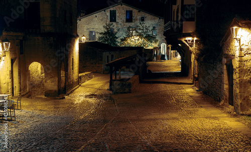 Night view without people in the beautiful and tourist medieval Spanish town of Santillana del Mar in Cantabria.